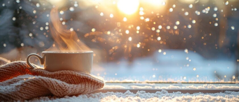 A steaming cup of hot cocoa on a windowsill, the scent mingling with the crisp winter air, symbolizing peace, Cozy Winter Moment