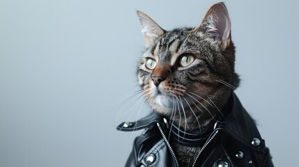  cat dressed in a tiny black leather jacket with studs, standing confidently against a white background.