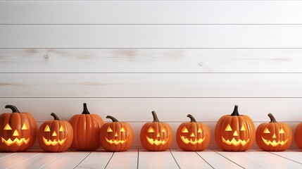 Orange halloween pumpkins on white planks, holiday decoration.