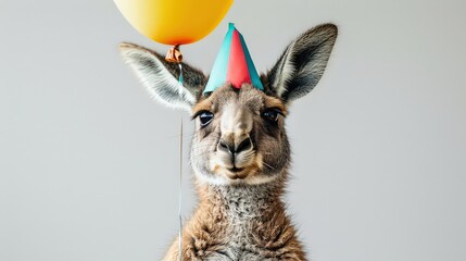  kangaroo wearing a colorful party hat and holding a balloon, set against a white background to emphasize its fun and quirky personality.