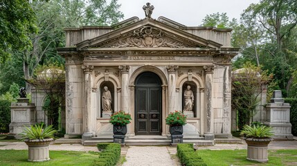 Obraz premium grand mausoleum with ornate architectural details, set against a white background to emphasize its stately and historical significance.