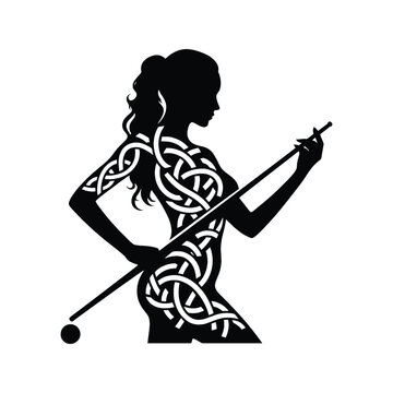 recommend clip art: Billiards, Snooker  female player in celtic knot pattern illustration, emblem shield badge