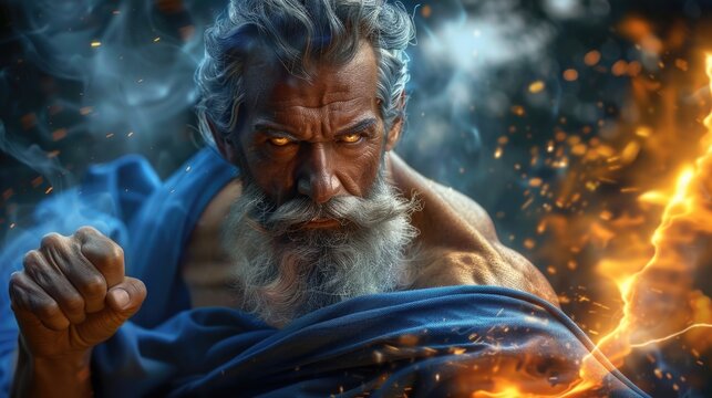 Supreme Deity: Zeus, Greek god of heavens, thunder and lightning, ruler of cosmos, chief of Olympian gods, equated with Jupiter in Roman mythology, embodying ultimate power, dominion over the world.