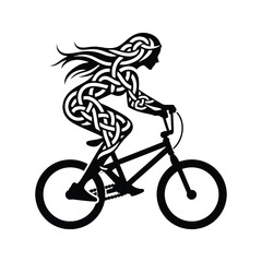 Cycling, bmx  female player in celtic knot pattern illustration, emblem shield badge