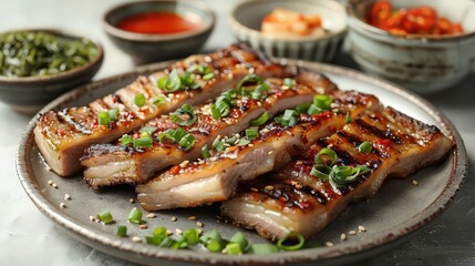 Showcase a plate of grilled samgyeopsal pork belly slices with dipping sauces and accompaniments on a white background, highlighting the crisp texture and savory flavor.