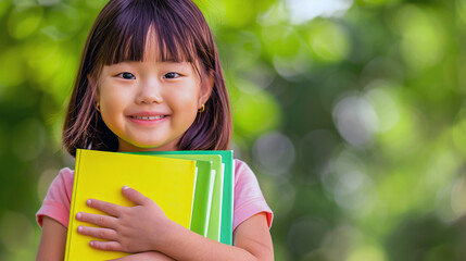 Fototapeta premium Asian schoolgirl with short hair and a books walking confidently to school on a sunny morning. School, education concept. Copy space.