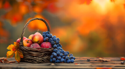 Naklejka premium Grapes, apples, and pears displayed on a rustic table in an autumn orchard against orange blurred natural background, capturing the essence of harvest and Thanksgiving. Copy space.