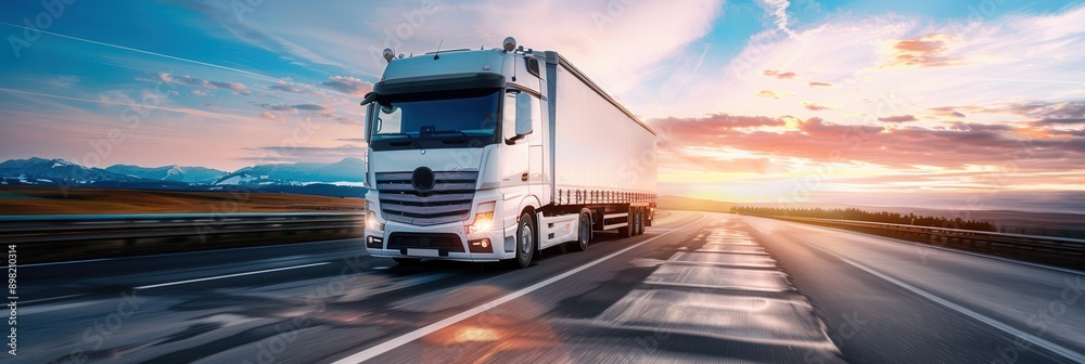 Aufkleber a white semi-truck drives on a highway with a wide-open horizon and a vibrant sunset sky. generative