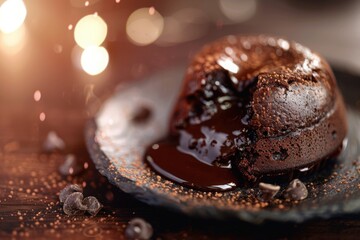 Decadent chocolate lava cake with oozing center, dessert indulgence, with copy space