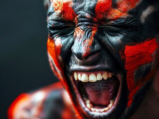 A close-up of a hardcore fan with a face painted in team colors, screaming in fervor, sweat and determination evident, sharp contrast and dramatic lighting highlighting the intensity and raw emotion