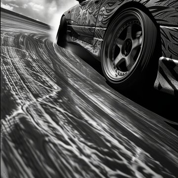 A close-up image of a drift car front wheel, showing the precision and control in mid-drift, with tire marks etched onto the asphalt
