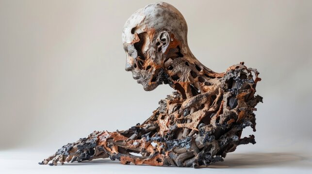 A conceptual sculpture of a human figure slowly disintegrating into fragments, crafted from materials that simulate the textures of decaying flesh and bone, exploring themes of mortality