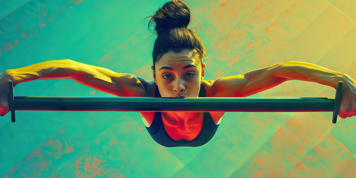 Limber Lifter: A female gymnast balanced on the uneven parallel bars.