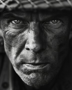 black and white portrait of a drill sergeant, captured in a close-up that emphasizes the rugged features and steely gaze, with the harsh lines of fatigue and dedication etched on the sergeant face