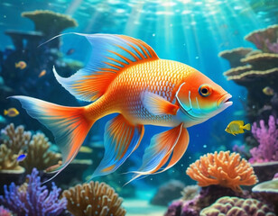 Naklejka premium Vibrant orange white yellow blue red reef fish swim through coral reef. Sun rays pierce sea water. Variety of animal. Ecology hydrosphere. Anthropogenic factor influencing death of coral reefs. AI
