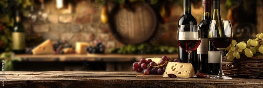 Aufkleber a rustic wooden table holds a glass of red wine, a bottle of red wine, grapes, and a wedge of cheese