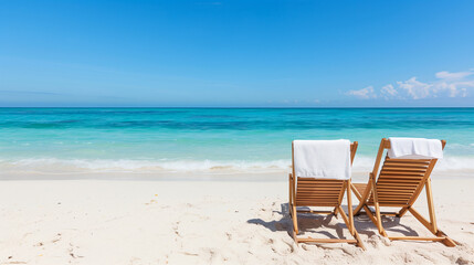 Fototapeta premium Deck chairs with towels on sandy beach by Atlantic Ocean