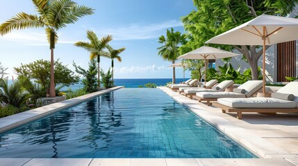 luxurious tropical resort pool area with lounge chairs, umbrellas, and lush greenery, overlooking the ocean on a bright sunny day, ideal for a relaxing and picturesque vacation.