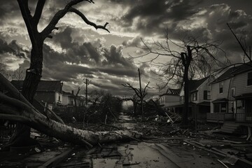 Fototapeta premium aftermath of a derecho in an urban area. The scene includes uprooted trees, damaged buildings, and debris scattered across the streets. The lighting is subdued, with dark clouds still lingering 