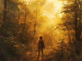 young protagonist standing at the edge of a dense forest, bathed in golden morning light, symbolizing the journey from innocence to experience, evoking a sense of wonder and anticipation f