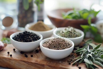 Spices and herbs in a gourmet cooking setting