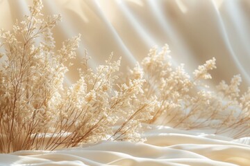 Elegant dried flowers on silky fabric in soft natural light