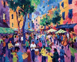 A lively street festival with musicians performing, people dancing, and food stalls lining the streets, vibrant and bustling atmosphere, rich and saturated colors