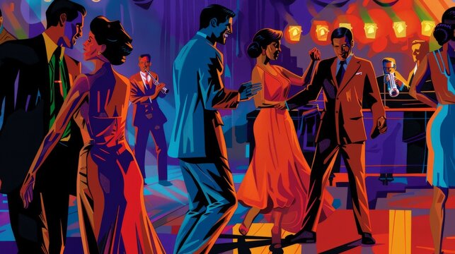 A lively dance hall scene featuring couples dressed to the nines in zoot suits and glamorous dresses. The men twirl their partners across the dance floor with effortless grace