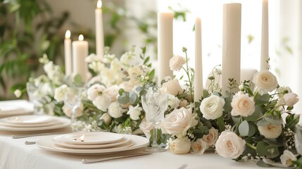 Show a table setting with candles, floral arrangements, and elegant tableware, set against a white background to highlight the sophisticated and celebratory atmosphere of the wedding reception.