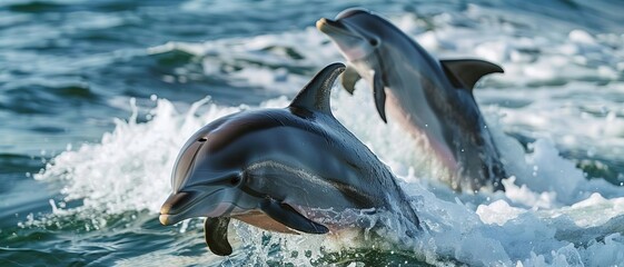 Fototapeta premium Dolphins exhibiting playful behavior in warm sea, illustrating marine life interaction, Ocean Playtime