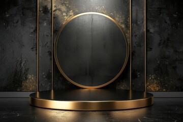 Product podium with luxury black gold architecture.