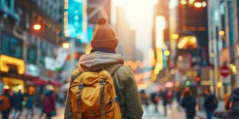 Obraz premium Vibrant Urban Exploration: Adventurous Traveler Discovering Hidden Gems in a Bustling Cityscape. AI-Generated 4K Wallpaper Showcasing Exciting Holiday Experience, Sightseeing Landmarks, and Cultural I