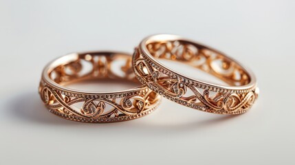  Two intricately designed gold rings with detailed patterns, symbolizing love and commitment, placed side by side on a smooth surface.