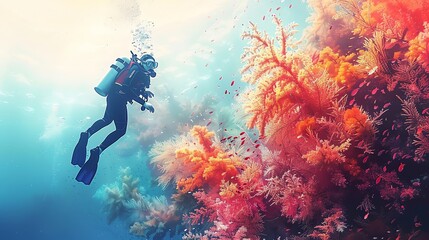 Scuba Diving Through Colorful Coral Reef.