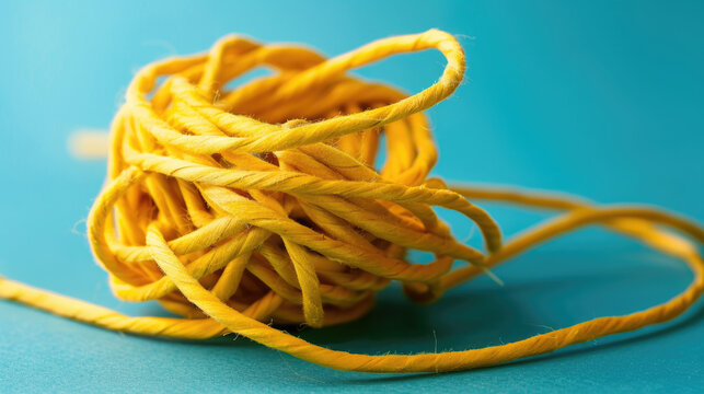 A Close Up of a Yellow Twine Ball on a Blue Background
