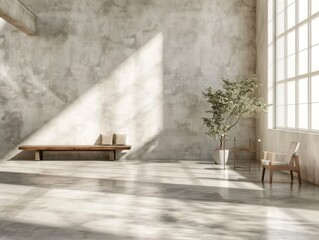minimalist polished concrete floors in a minimalist Scandinavian-inspired interior, with clean lines and sparse furnishings, bathed in natural light to emphasize simplicity and functionality