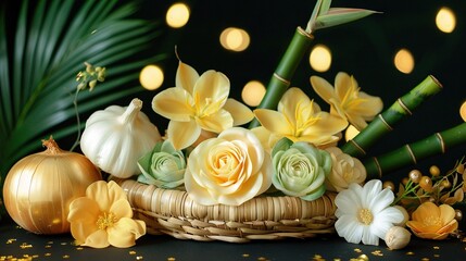 Obraz premium A table adorned with a vase containing an array of yellow and white blooms, along with an assortment of green and white flowers