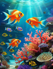 Naklejka premium Vibrant orange white yellow blue red reef fish swim through coral reef. Sun rays pierce sea water. Variety of animal. Ecology hydrosphere. Anthropogenic factor influencing death of coral reefs. AI
