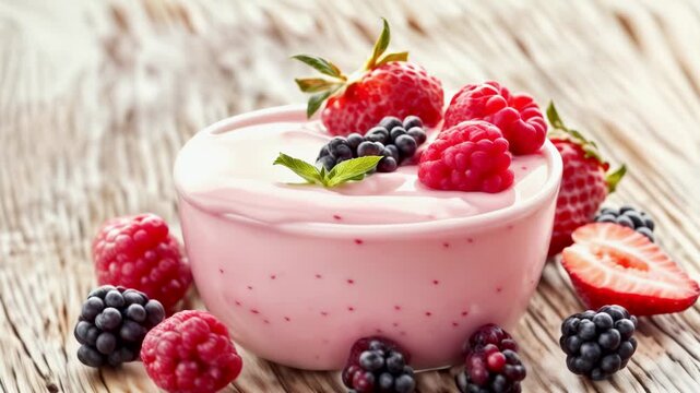 Closeup shot of a yogurt parfait with strawberries, raspberries, and blackberries on a wooden table