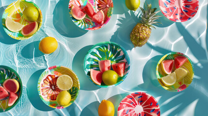 Colorful Bowls of Summer Fruit Floating in a Pool