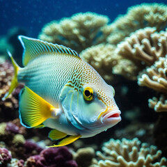 Vibrant orange white yellow blue red reef fish swim through coral reef. Sun rays pierce sea water. Variety of animal. Ecology hydrosphere. Anthropogenic factor influencing death of coral reefs. AI