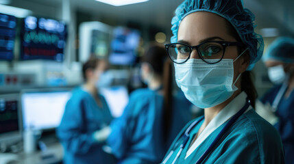 Fototapeta premium Female Surgeon Wearing Glasses and Mask in Operating Room