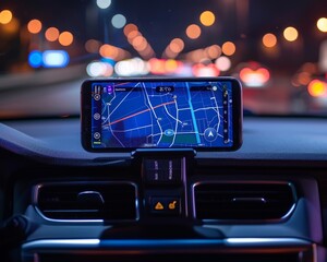 Futuristic car dashboard smartphone holder with navigation gps and infotainment hud screens concept