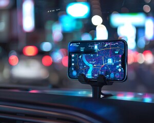 Smartphone holder for car dashboard with navigation gps and infotainment app concept