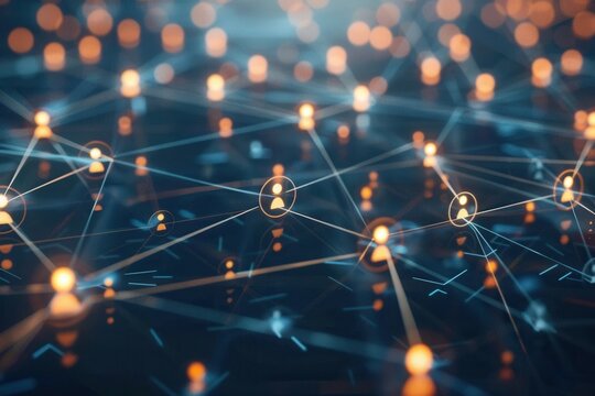 Networking web connecting diverse business icons, global commerce concept, with copy space