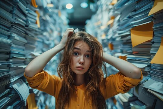 Businesswoman frantically searching through files, deadline anxiety