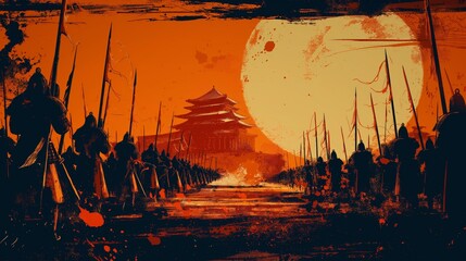 Ancient Chinese Army Marching Towards a Red Moon