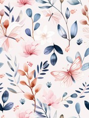 Whimsical fairies and magical creatures depicted in a seamless fantasy pattern, rendered in watercolor style