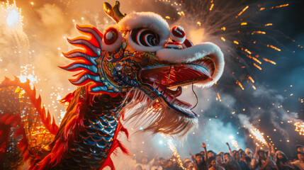 A dragon is on fire and surrounded by a crowd of people