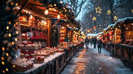 Festive Christmas market with decorated stalls, twinkling lights, and a cozy winter atmosphere. People enjoy shopping in the seasonal delight.